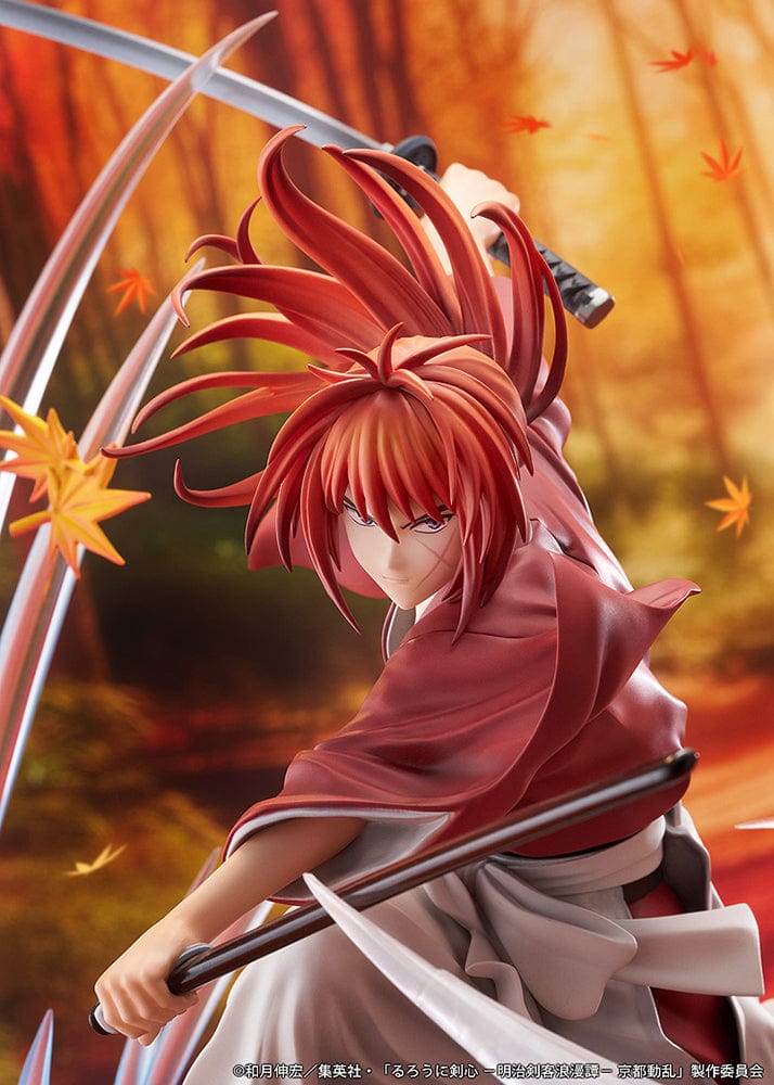 Rurouni Kenshin: Meiji Swordsman Romantic Story Kenshin Himura (Souryusen Ver.) 1/7 scale figure, showcasing dynamic sword slashes and autumn leaves in mid-action pose.