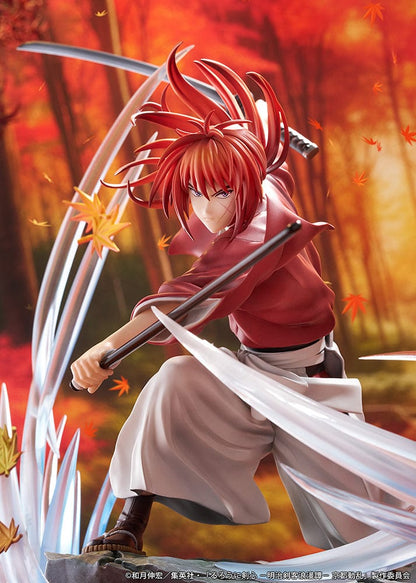 Rurouni Kenshin: Meiji Swordsman Romantic Story Kenshin Himura (Souryusen Ver.) 1/7 scale figure, showcasing dynamic sword slashes and autumn leaves in mid-action pose.