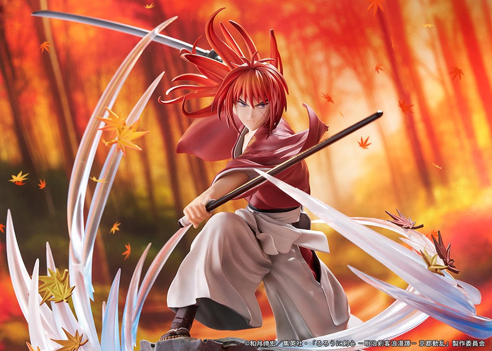 Rurouni Kenshin: Meiji Swordsman Romantic Story Kenshin Himura (Souryusen Ver.) 1/7 scale figure, showcasing dynamic sword slashes and autumn leaves in mid-action pose.