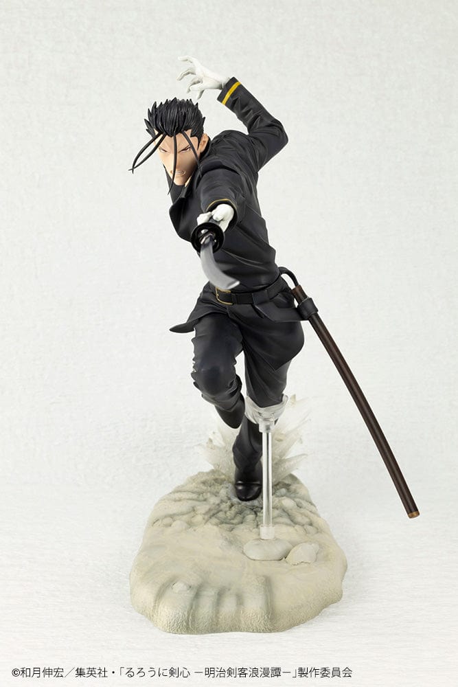 Rurouni Kenshin: Meiji Swordsman Romantic Story ArtFX J Hajime Saito 1/8 Scale Figure, featuring Saito in a dynamic fighting stance with detailed sculpting and high-quality craftsmanship.