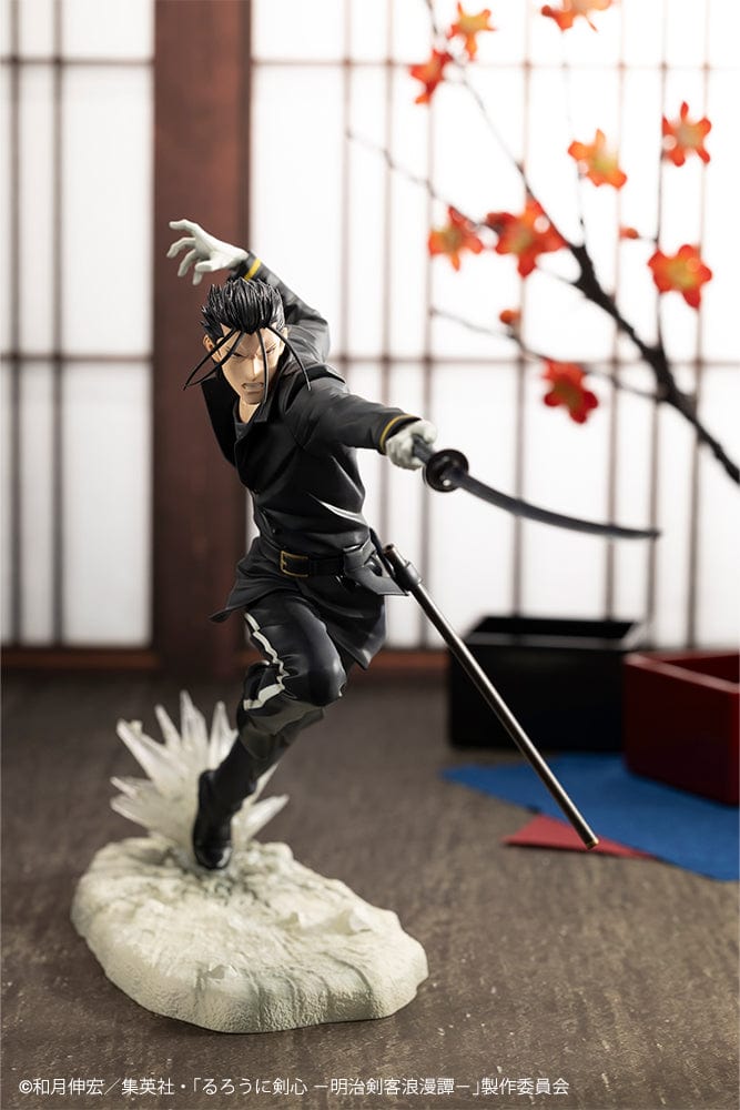 Rurouni Kenshin: Meiji Swordsman Romantic Story ArtFX J Hajime Saito 1/8 Scale Figure, featuring Saito in a dynamic fighting stance with detailed sculpting and high-quality craftsmanship.