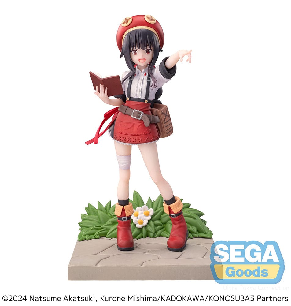 KonoSuba Luminasta Megumin figure in Season 3 version, wearing a red hat and outfit while holding a spellbook, standing on a base with greenery and flowers, as seen against a white background.