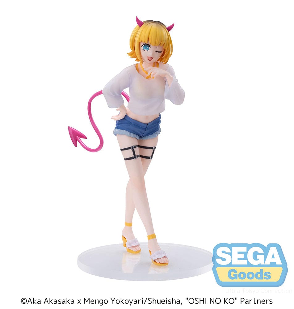 Oshi no Ko Luminasta MEMcho Figure featuring a character with blonde hair and devil horns, winking playfully with a pink tail, wearing a white crop top, denim shorts, and garter belt.