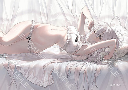 Hayashi Kewi SSR Figure Wakening White Haired-Chan 1/7 Scale Figure lying on a plush bed with flowing white hair and frilly outfit