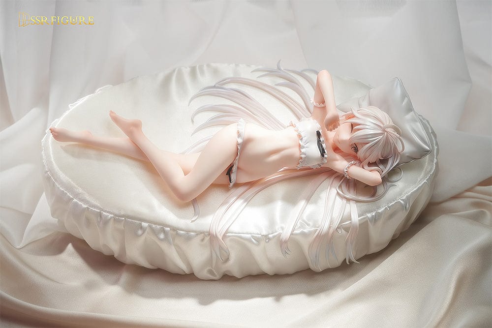 Hayashi Kewi SSR Figure Wakening White Haired-Chan 1/7 Scale Figure lying on a plush bed with flowing white hair and frilly outfit