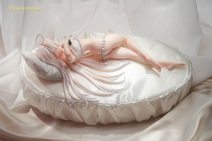 Hayashi Kewi SSR Figure Wakening White Haired-Chan 1/7 Scale Figure lying on a plush bed with flowing white hair and frilly outfit