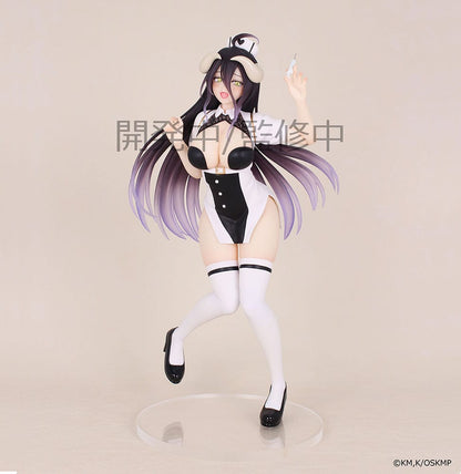 Overlord Vivit Albedo Nurse Ver. figure, featuring Albedo in a dynamic pose wearing a provocative nurse outfit, with her signature long purple hair and a syringe in hand.