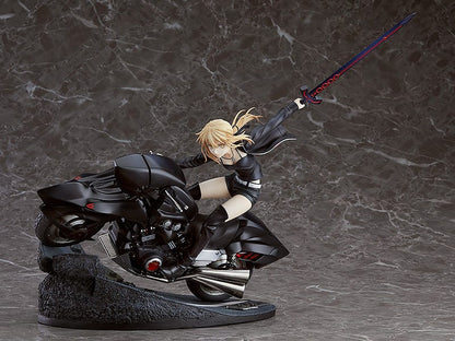 A 1/8 scale figure of Saber/Altria Pendragon (Alter) from Fate/Grand Order, astride her motorcycle Cuirassier Noir, in a reissued collector's edition. The figure features the dark-armored Saber with her crimson eyes and Excalibur sword, exuding a formidable presence while her black motorcycle boasts intricate mechanical details, capturing the blend of medieval and modern elements iconic to the character's Alter version.