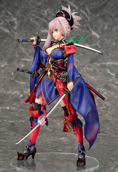 Fate/Grand Order Saber/Miyamoto Musashi 1/7 Scale Figure featuring vibrant kimono-inspired attire, dual katanas, and intricate detailing.