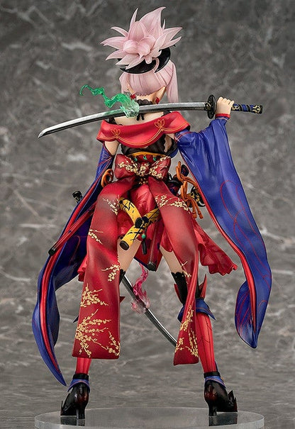 Fate/Grand Order Saber/Miyamoto Musashi 1/7 Scale Figure featuring vibrant kimono-inspired attire, dual katanas, and intricate detailing.