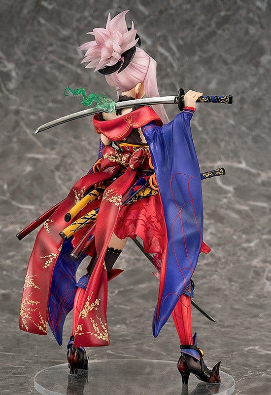 Fate/Grand Order Saber/Miyamoto Musashi 1/7 Scale Figure featuring vibrant kimono-inspired attire, dual katanas, and intricate detailing.