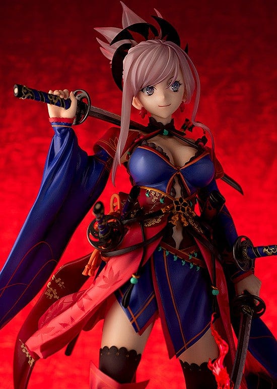 Fate/Grand Order Saber/Miyamoto Musashi 1/7 Scale Figure featuring vibrant kimono-inspired attire, dual katanas, and intricate detailing.