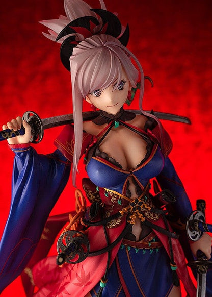 Fate/Grand Order Saber/Miyamoto Musashi 1/7 Scale Figure featuring vibrant kimono-inspired attire, dual katanas, and intricate detailing.