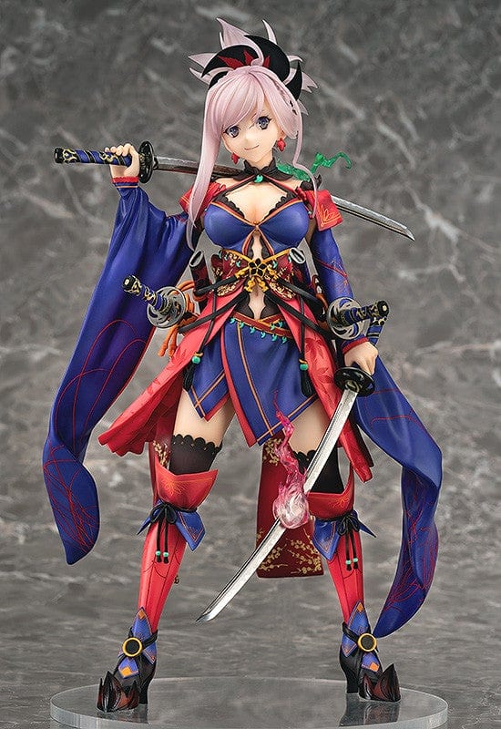 Fate/Grand Order Saber/Miyamoto Musashi 1/7 Scale Figure featuring vibrant kimono-inspired attire, dual katanas, and intricate detailing.