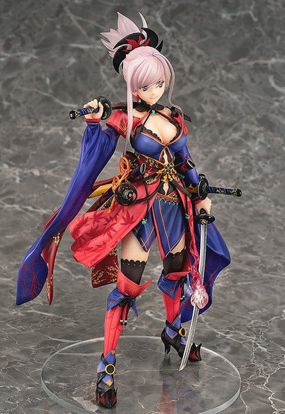 Fate/Grand Order Saber/Miyamoto Musashi 1/7 Scale Figure featuring vibrant kimono-inspired attire, dual katanas, and intricate detailing.