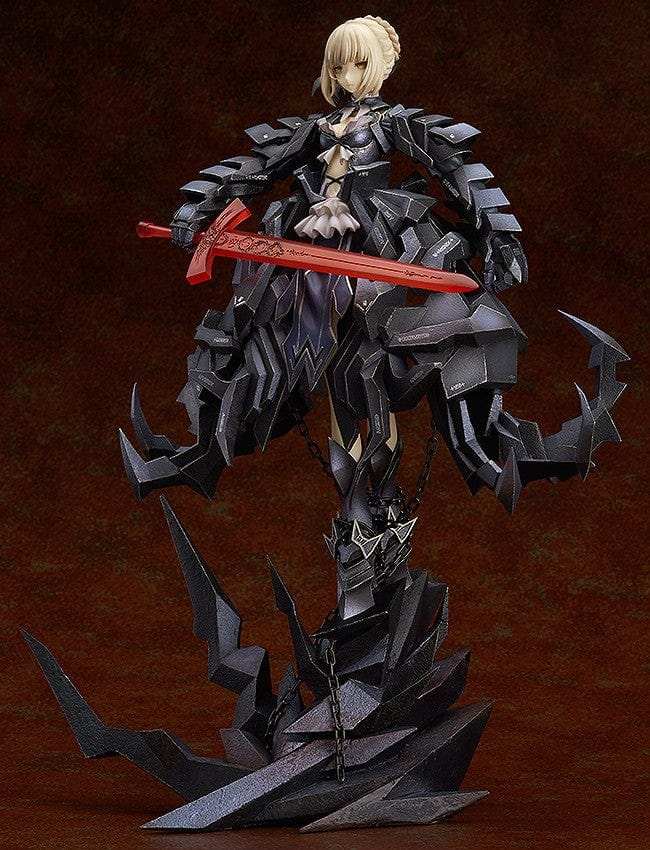 Fate/stay Night x huke Saber Alter Collaboration Package Ver. 1/7 Scale Figure featuring black jagged armor, crimson sword, and intricate dark base design.