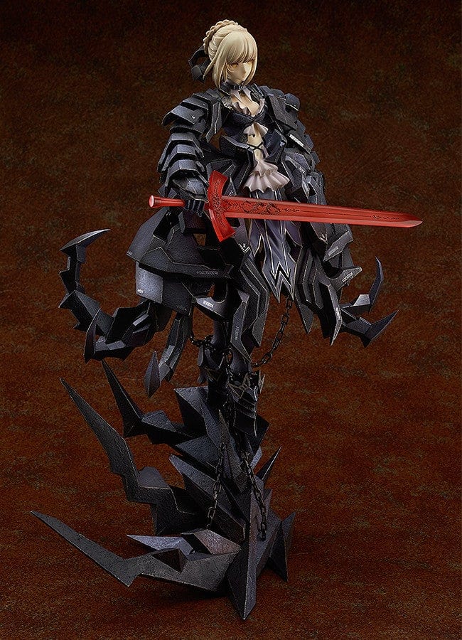 Fate/stay Night x huke Saber Alter Collaboration Package Ver. 1/7 Scale Figure featuring black jagged armor, crimson sword, and intricate dark base design.