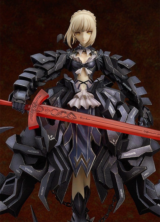 Fate/stay Night x huke Saber Alter Collaboration Package Ver. 1/7 Scale Figure featuring black jagged armor, crimson sword, and intricate dark base design.