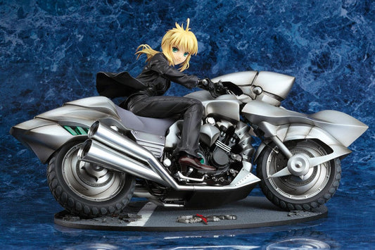 Fate/Zero Saber & Saber Motored Cuirassier 1/8 Scale Figure in a dynamic pose, with Saber in a sleek black outfit riding the powerful motored cuirassier.