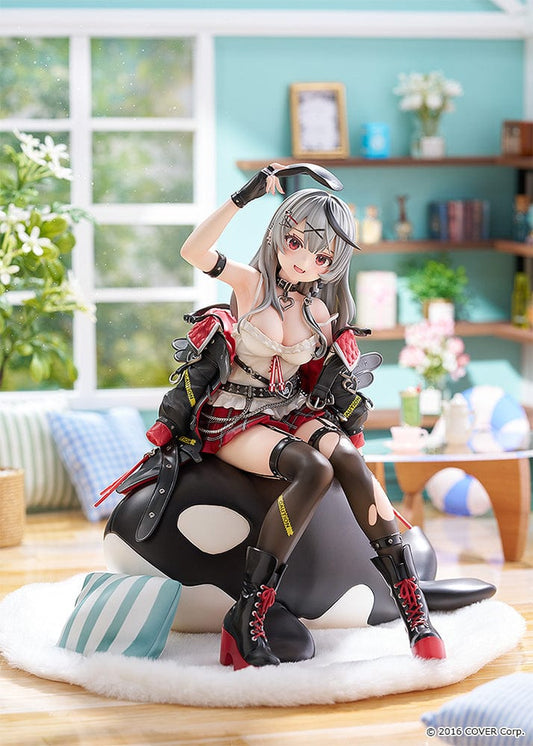 Hololive Production Sakamata Chloe 1/6 Scale Figure sitting on an orca-themed cushion, wearing a gothic-inspired outfit with playful expression and detailed accessories.