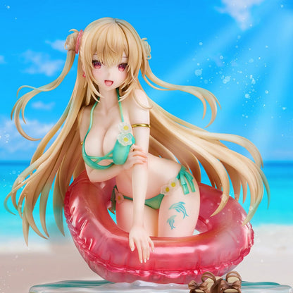 Miwabe Sakura Illustration Summer Memory 1/6 Scale Figure featuring a blonde girl in a turquoise bikini, leaning on a translucent pink float with long flowing hair and a water-effect base.