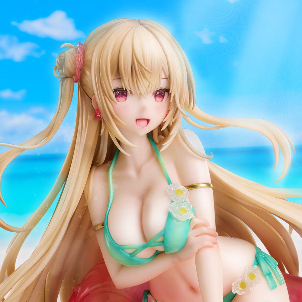 Miwabe Sakura Illustration Summer Memory 1/6 Scale Figure featuring a blonde girl in a turquoise bikini, leaning on a translucent pink float with long flowing hair and a water-effect base.