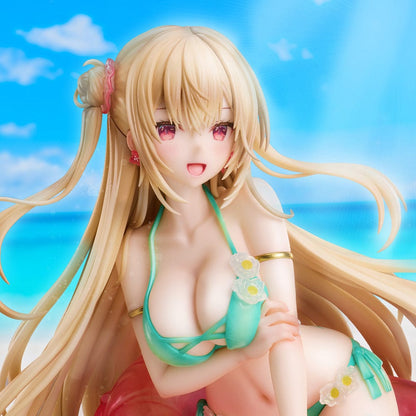 Miwabe Sakura Illustration Summer Memory 1/6 Scale Figure featuring a blonde girl in a turquoise bikini, leaning on a translucent pink float with long flowing hair and a water-effect base.