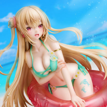 Miwabe Sakura Illustration Summer Memory 1/6 Scale Figure featuring a blonde girl in a turquoise bikini, leaning on a translucent pink float with long flowing hair and a water-effect base.