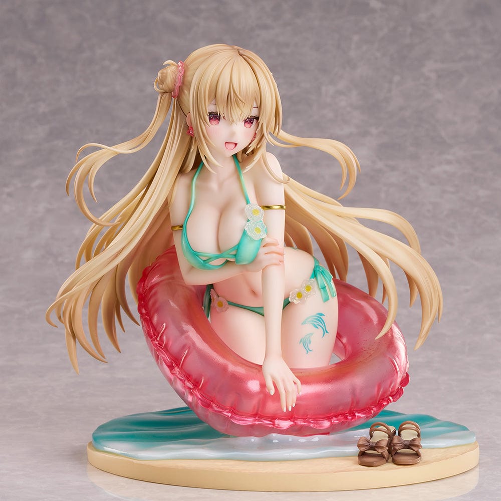 Miwabe Sakura Illustration Summer Memory 1/6 Scale Figure featuring a blonde girl in a turquoise bikini, leaning on a translucent pink float with long flowing hair and a water-effect base.