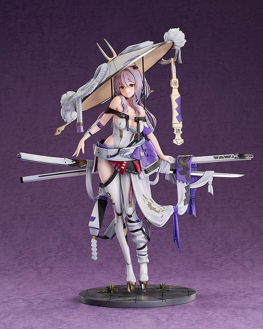 Scarlet 1/7 Scale Figure from Goddess of Victory: Nikke, in a detailed and dynamic pose with long flowing hair, intricate purple and white outfit, and imposing weaponry