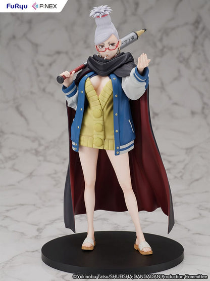 Dandadan Seiko Ayase 1/7 Scale Figure wearing a varsity jacket, yellow sweater dress, and red glasses, wielding a pencil-shaped weapon.