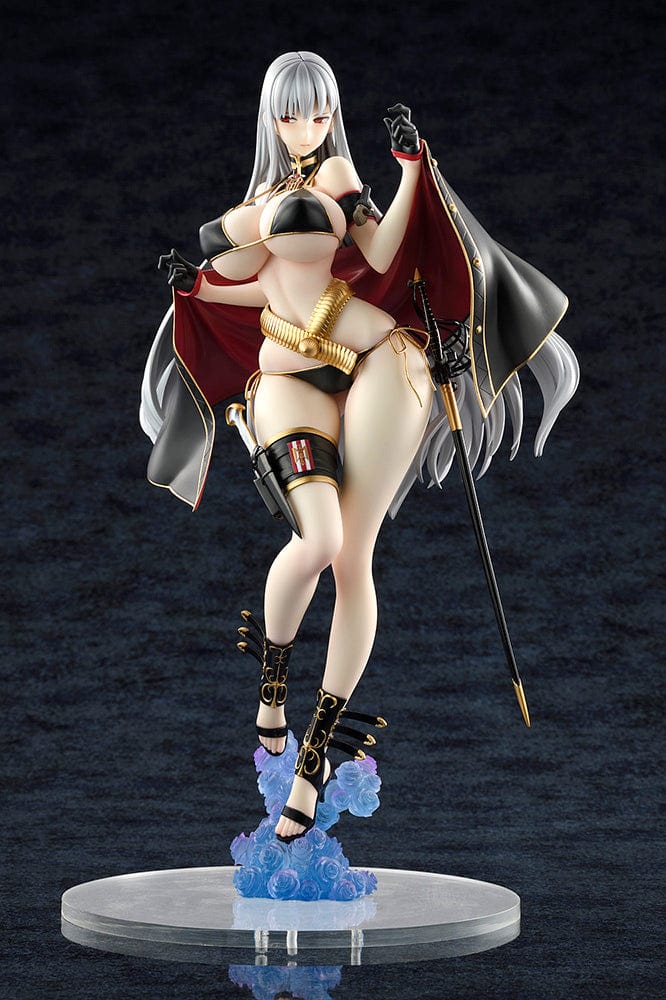 Valkyria Chronicles Selvaria Bles Swimsuit Ver. 1/6 Scale Figure featuring Selvaria in a black and gold swimsuit with flowing cape, ornate boots, and silver hair on a cloud-like base.