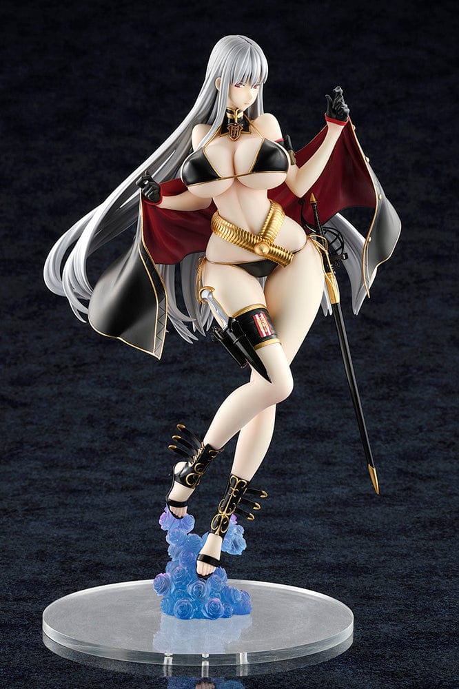 Valkyria Chronicles Selvaria Bles Swimsuit Ver. 1/6 Scale Figure featuring Selvaria in a black and gold swimsuit with flowing cape, ornate boots, and silver hair on a cloud-like base.