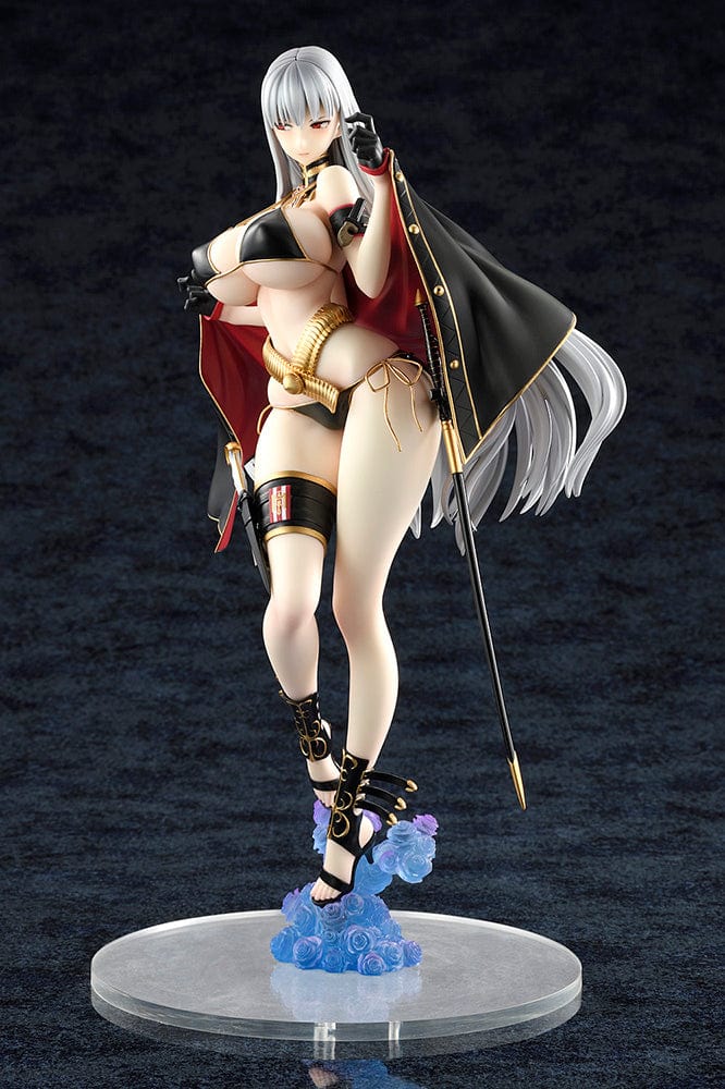 Valkyria Chronicles Selvaria Bles Swimsuit Ver. 1/6 Scale Figure featuring Selvaria in a black and gold swimsuit with flowing cape, ornate boots, and silver hair on a cloud-like base.