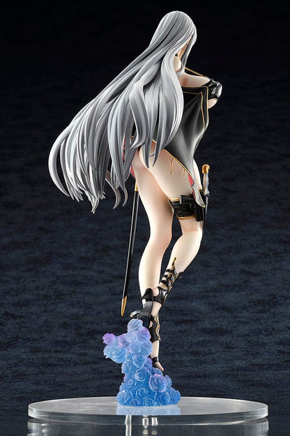 Valkyria Chronicles Selvaria Bles Swimsuit Ver. 1/6 Scale Figure featuring Selvaria in a black and gold swimsuit with flowing cape, ornate boots, and silver hair on a cloud-like base.