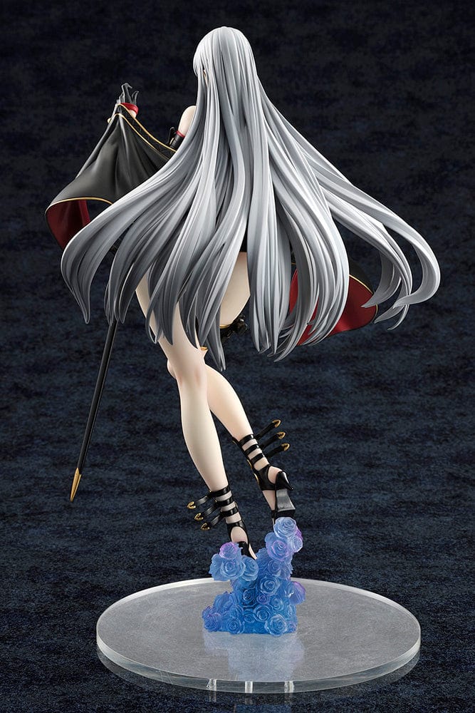 Valkyria Chronicles Selvaria Bles Swimsuit Ver. 1/6 Scale Figure featuring Selvaria in a black and gold swimsuit with flowing cape, ornate boots, and silver hair on a cloud-like base.