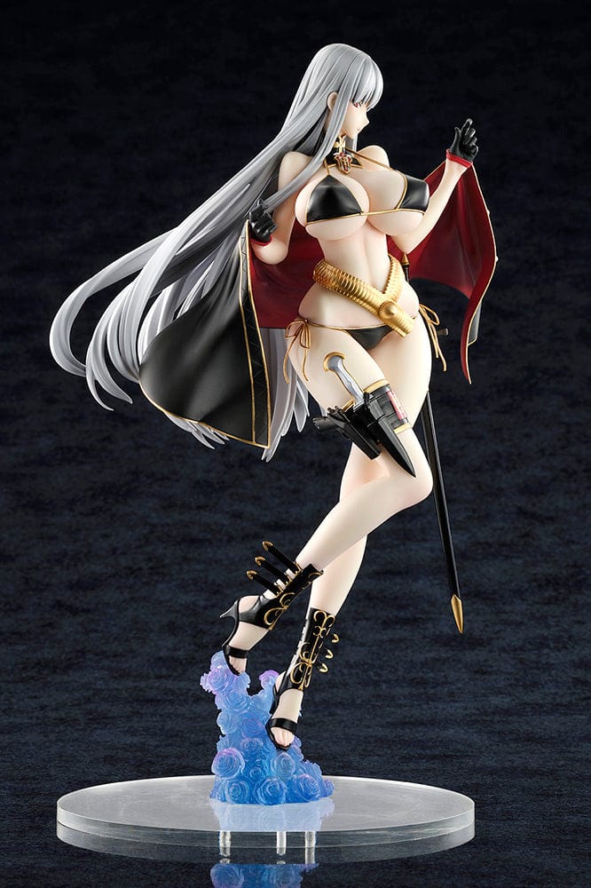 Valkyria Chronicles Selvaria Bles Swimsuit Ver. 1/6 Scale Figure featuring Selvaria in a black and gold swimsuit with flowing cape, ornate boots, and silver hair on a cloud-like base.