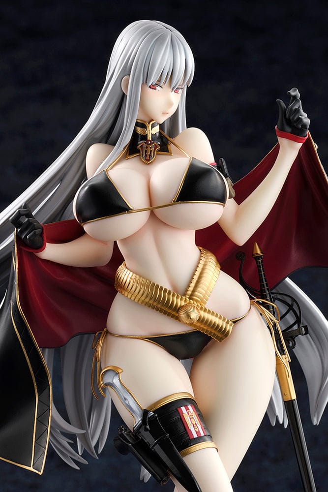 Valkyria Chronicles Selvaria Bles Swimsuit Ver. 1/6 Scale Figure featuring Selvaria in a black and gold swimsuit with flowing cape, ornate boots, and silver hair on a cloud-like base.