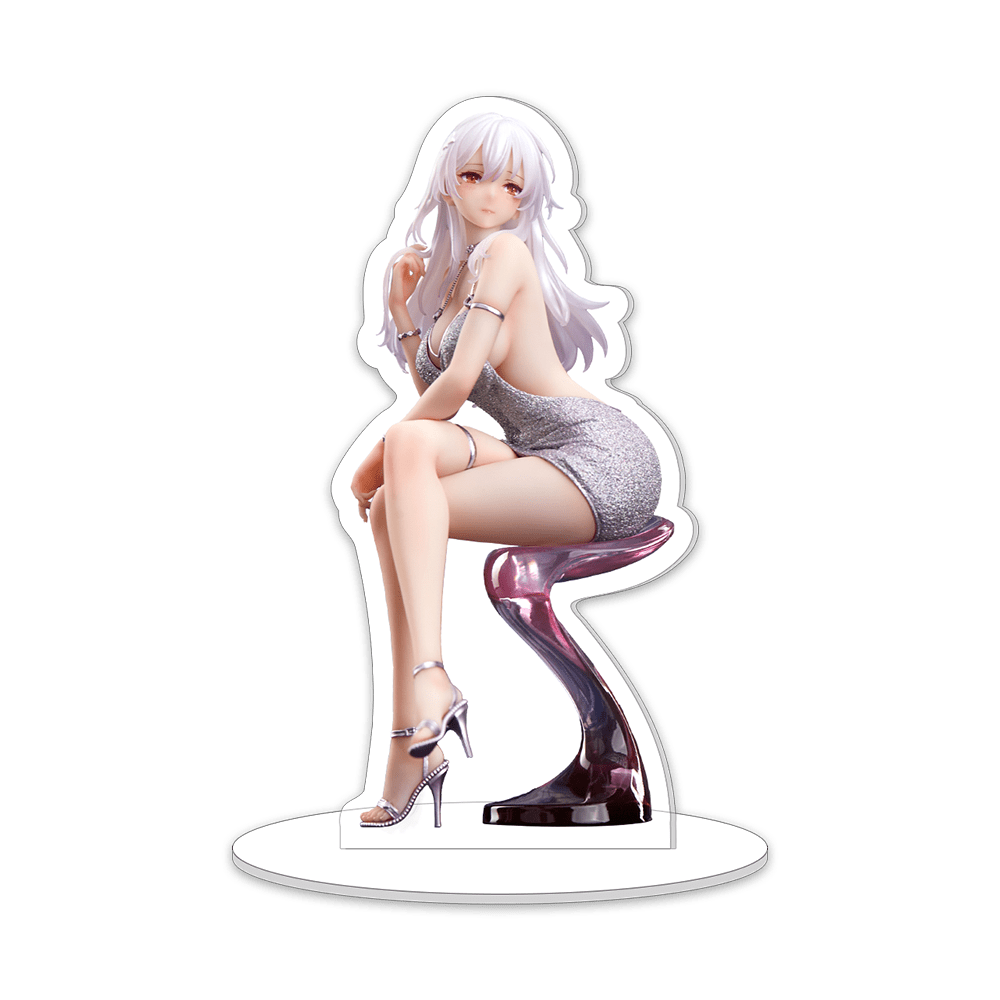 "Serina 1/6 Scale Figure (With Bonus) - Elegant figure of Serina with long white hair, seated gracefully on a stylish chair, wearing a shimmering silver dress and delicate accessories."