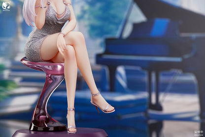 "Serina 1/6 Scale Figure (With Bonus) - Elegant figure of Serina with long white hair, seated gracefully on a stylish chair, wearing a shimmering silver dress and delicate accessories."