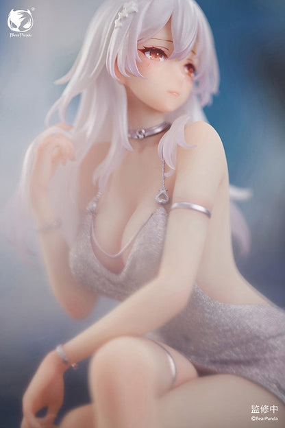 "Serina 1/6 Scale Figure (With Bonus) - Elegant figure of Serina with long white hair, seated gracefully on a stylish chair, wearing a shimmering silver dress and delicate accessories."