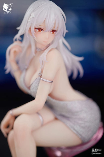 "Serina 1/6 Scale Figure (With Bonus) - Elegant figure of Serina with long white hair, seated gracefully on a stylish chair, wearing a shimmering silver dress and delicate accessories."