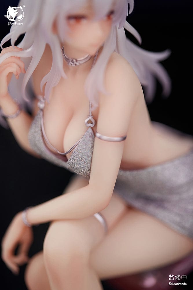 "Serina 1/6 Scale Figure (With Bonus) - Elegant figure of Serina with long white hair, seated gracefully on a stylish chair, wearing a shimmering silver dress and delicate accessories."