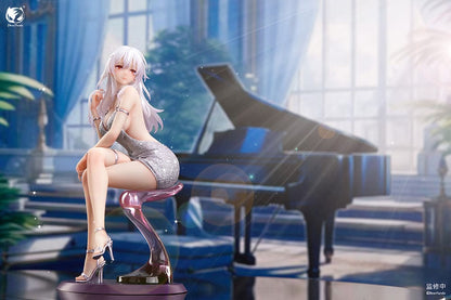 "Serina 1/6 Scale Figure (With Bonus) - Elegant figure of Serina with long white hair, seated gracefully on a stylish chair, wearing a shimmering silver dress and delicate accessories."