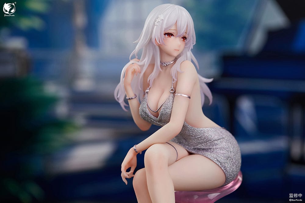 "Serina 1/6 Scale Figure (With Bonus) - Elegant figure of Serina with long white hair, seated gracefully on a stylish chair, wearing a shimmering silver dress and delicate accessories."