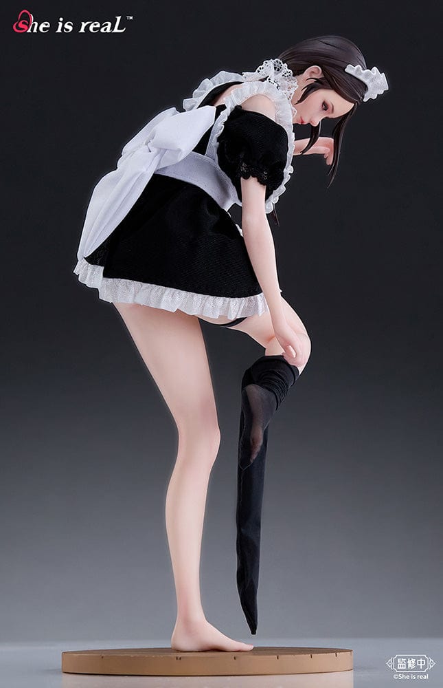 She is Real Water Droplet Maid 1/6 Scale Figure adjusting stocking in detailed maid outfit with lace accents