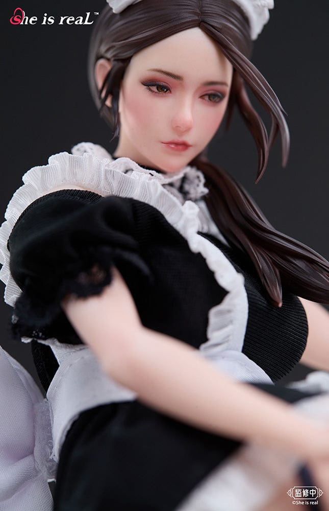 She is Real Water Droplet Maid 1/6 Scale Figure adjusting stocking in detailed maid outfit with lace accents