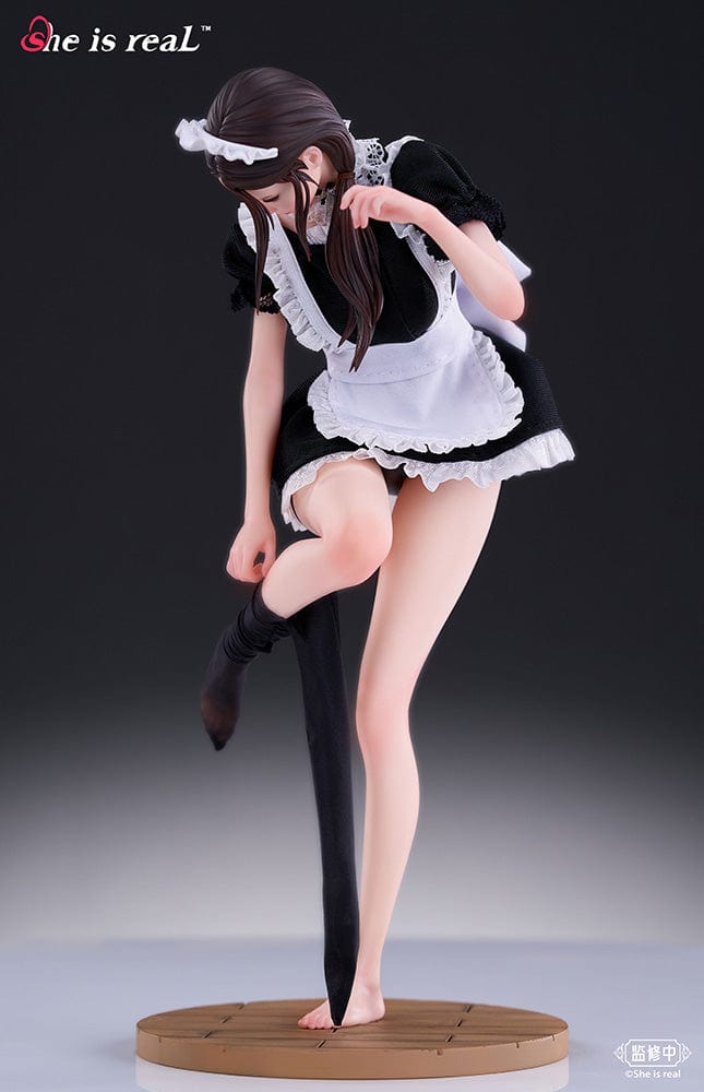 She is Real Water Droplet Maid 1/6 Scale Figure adjusting stocking in detailed maid outfit with lace accents