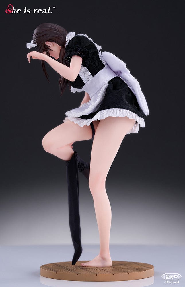 She is Real Water Droplet Maid 1/6 Scale Figure adjusting stocking in detailed maid outfit with lace accents