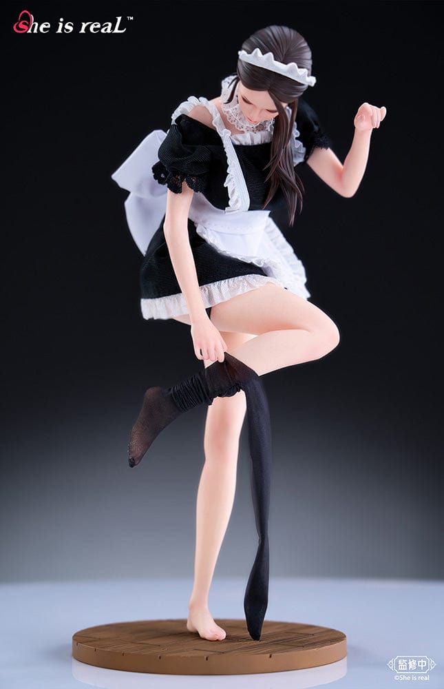 She is Real Water Droplet Maid 1/6 Scale Figure adjusting stocking in detailed maid outfit with lace accents